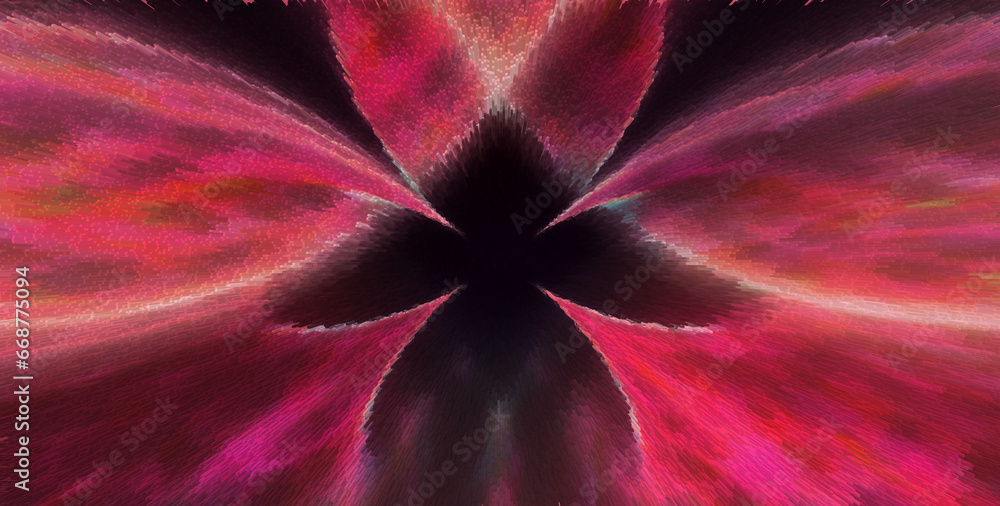 Poster exploding dramatic design with arrow motif in shades of red and magenta on a black background