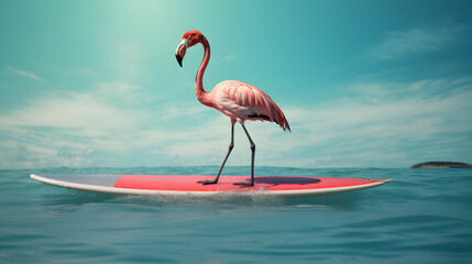 Pink flamingo on a surfboard on the ocean. Creative concept idea, minimal composition.
