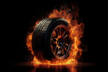 Car wheel burning in fire on black background. 3d illustration.