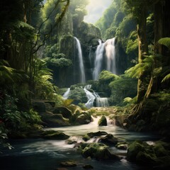 Lush forest frames cascading waterfall.