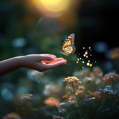 Child's Hand Onto Delicate Butterfly of a Flower. - 668775219