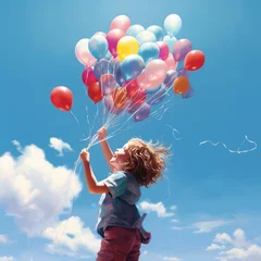 Fotobehang Child's vibrant balloon takes flight in pristine sky. © Morphart