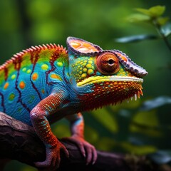 Chameleon camouflaging in natural habitat in vibrant close-up.