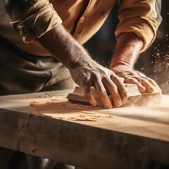 Carpenter's hands sanding wood in close-up. - obrazy, fototapety, plakaty