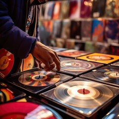Obraz premium Exploring Vintage Gems: A Hand Peruses Vinyls at a Records Store.