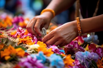 Hands carefully craft intricate floral garlands for festive celebration. - obrazy, fototapety, plakaty