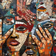 Handmade mosaic featuring diverse faces & expressions in close-up