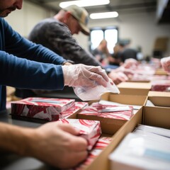 Hands assembling care packages for disaster relief up close.