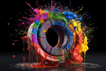 Car wheel with colorful paint splashes on black background. 3d rendering
