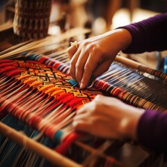 Hands weaving intricate patterns on a loom up close. - obrazy, fototapety, plakaty