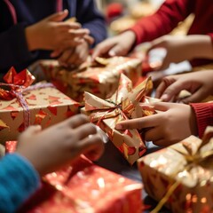 Gift-wrapping hands close-up: Spreading joy to children during holidays. - obrazy, fototapety, plakaty