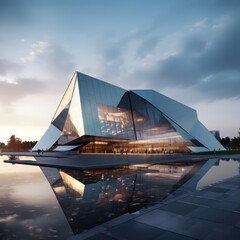 Sleek, futuristic building flaunts reflective glass exterior.