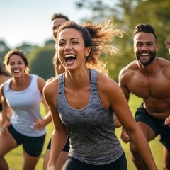 Friends energize in outdoor fitness class. - 668776224
