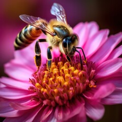 Busy bee sips sweet nectar from vivid flower. - obrazy, fototapety, plakaty