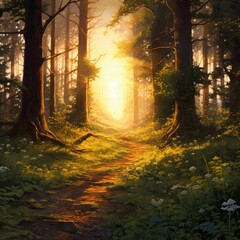 Golden hour forest path winds amidst towering trees, offering tranquil serenity.