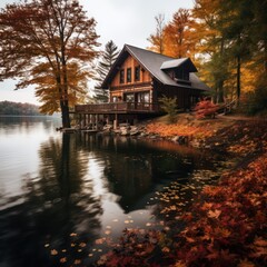 Autumn oasis: Lakeside cabin amidst fall scenery.