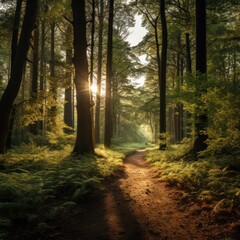 Tranquil trail winding amidst towering trees during golden hour.