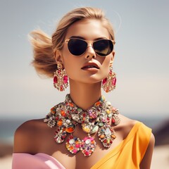Chic female flaunts statement jewelry and shades to elevate look. - 668776819