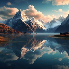 Fototapeta na wymiar Mountainous reflections on a serene lake.