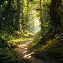 Fototapeta premium Sunlit trail through winding forest.