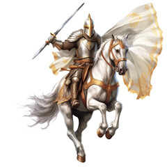Medieval knight on white steed, isolated. - obrazy, fototapety, plakaty