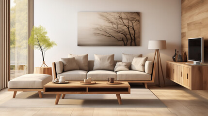 Fototapeta na wymiar Mockup, modern living room made of wooden furniture with table, couch, chairs, canvas and futuristic decoration | Generative AI