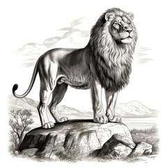 1800s style engraving of an Abyssinian Lion on white background