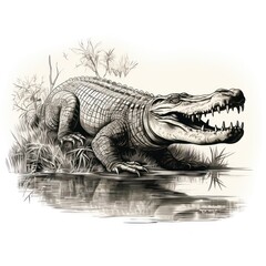 1800s-Style Alligator Engraving in Vintage Illustration on White Background.