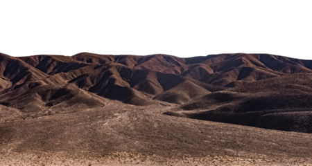 Desert and arid landscape isolated on white background or cut out. Badlands scenery.