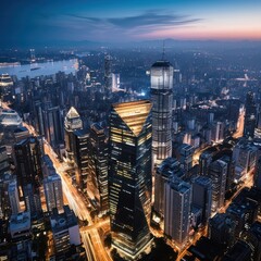 Fototapeta premium Bustling city at twilight from above.
