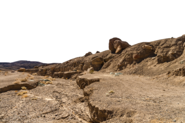 Scenic desert, arid and rocky landscape isolated on white background or cut out.