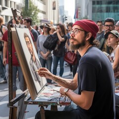 Artist sketches busy street performer on bustling sidewalk. - 668777462