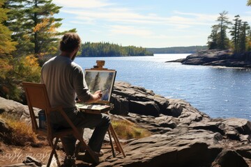 Fototapeta premium Plein air artist depicts serene landscape, capturing essence of nature's peace through brushstrokes.
