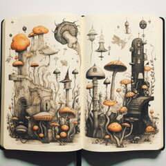 Whimsical illustrations fill an artist's sketchbook.