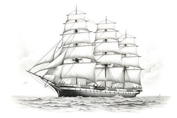 1800s Antique Ship Engraving on White - obrazy, fototapety, plakaty
