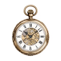 Antique pocket watch engraving on white background.