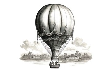 Vintage hot air balloon engraving on white. - 668777635