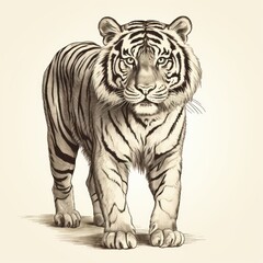 Vintage Bengal Tiger Engraving in 1800s Style on White Background