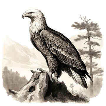 Vintage Bald Eagle Engraving in 1800s Style on White Background