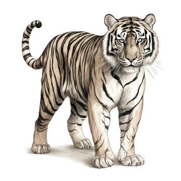 1800s Style Bengal Tiger Engraving on White Background