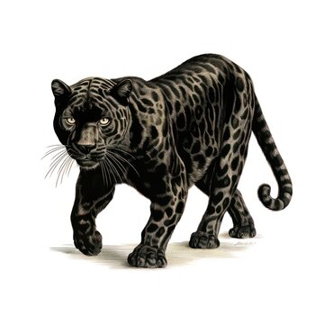 1800s Style Engraving of Black Jaguar on White Background.