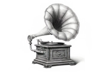 Timeless Engraving: Gramophone Player on White