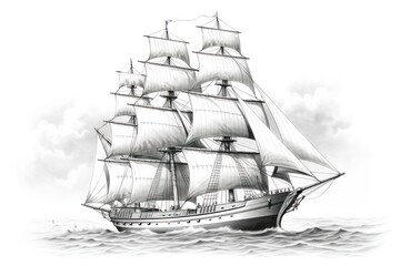 Engraved Sailing Ship on White Background in Classic Style.