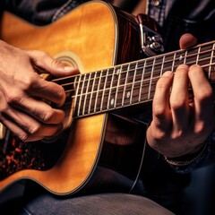 Gentle guitar strumming, a close-up of the musician's fingers.