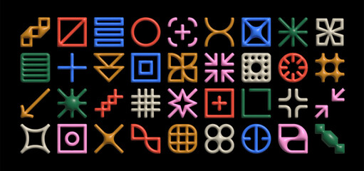 Set of  abstract geometric linear icons. Vector 3d shapes of arrows and grids in memphis style