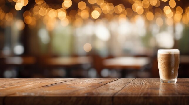 Abstract background of a café with bokeh lights and a foreground table.