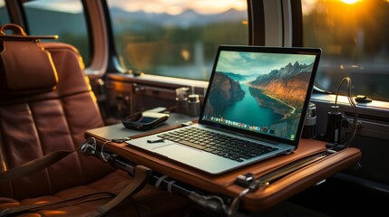 A mock-up of a laptop on a train, highlighting the convenience of mobile work and entertainment during travel. - obrazy, fototapety, plakaty