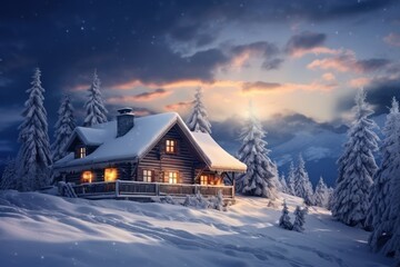 Fototapeta na wymiar Snowy cabin getaway for a cozy winter.