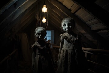 Spooky Dolls in Attic Moonlight. - obrazy, fototapety, plakaty