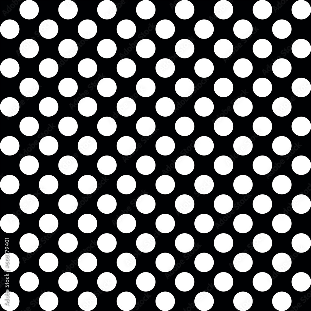 Wall mural polka dot, white round dots on black background - dotted seamless repeatable pattern texture backgro